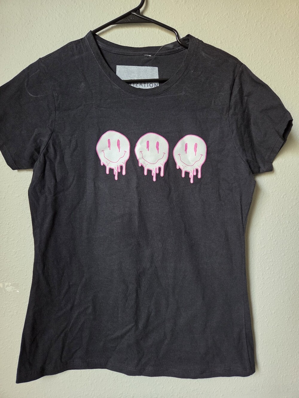 Black Tee with 3 Pink Drip Melting Smileys